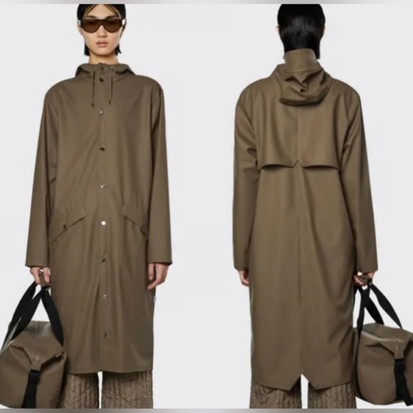 Rains NWT Women's Brown Wood Hooded Raincoat Longer Jacket Size L